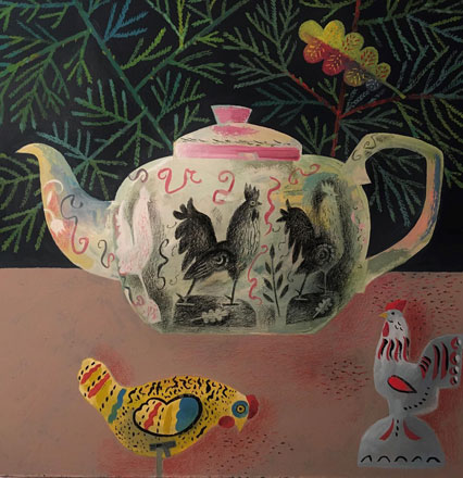 Lustreware Cockerel Teapot with Vintage Clockwork Hen - Clive Hicks-Jenkins 